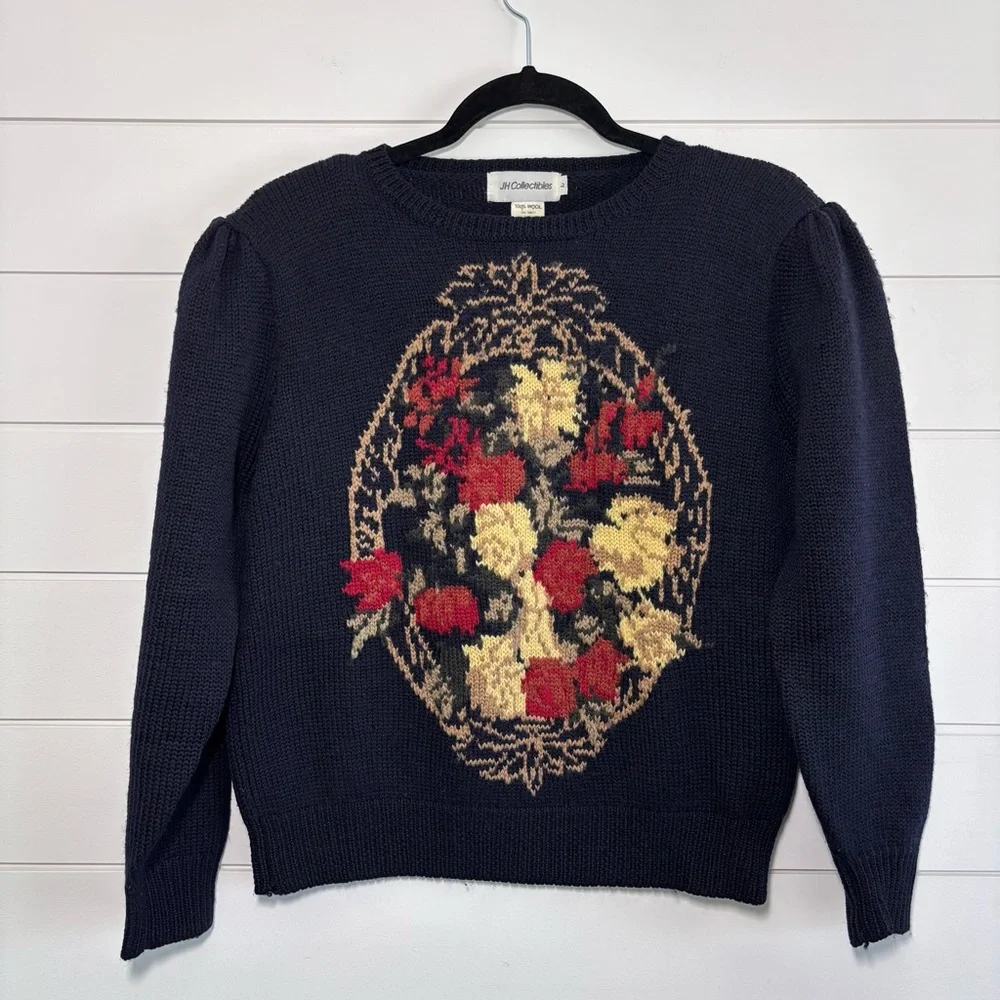 JH Collectibles Vintage 80s Navy Wool Floral Knit‎ Puff Shoulder Cardigan L